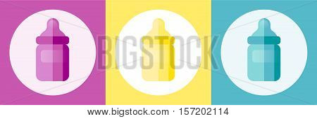 Pink, yellow and blue baby bottle vector illustrations. Guessing the sex of the baby concept with an icon set. Will it be a boy or a girl?