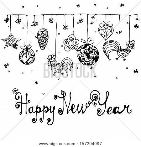 Hand drawn New Year greeting card. 2017 is the year of Fire Chicken on Chinese zodiac. Monochrome illustration.