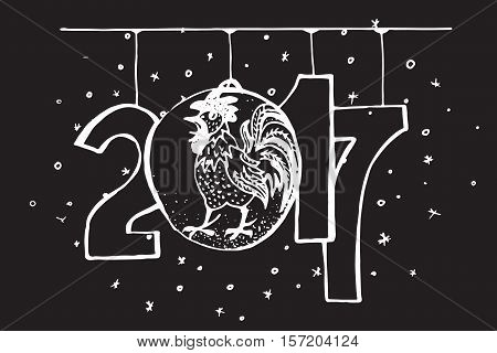 Hand drawn New Year greeting card. 2017 is the year of Fire Chicken on Chinese zodiac. Monochrome illustration.