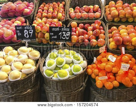 Bangkok Thailand - 18 November 2016:Fresh fruits at a market and Fresh organic fruits in supermarket farmers market on shelves