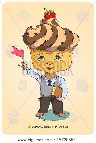 Funny vector illustration of a hand drawn cartoon character kid stylized sweet cupcake. Emotional states sonfectionery caramel and bakery food