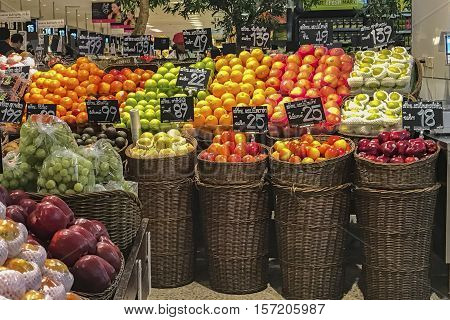 Bangkok Thailand - 18 November 2016: Fruit market with various colorful fresh fruits and vegetables