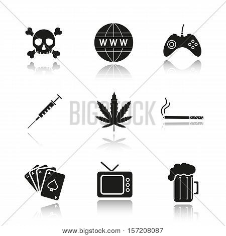 Addictions and bad habits drop shadow black icons set. Skull and crossbones, www globe symbol, gamepad, syringe, marijuana leaf, cigarette, cards deck, tv, beer mug. Isolated vector illustrations