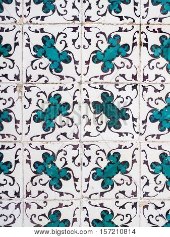 Blue azulejos old tiles in the Old Town of Lisbon Portugal.