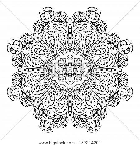 Mandala doodle drawing. floral round ornament. Ethnic motives. Zentangl Hearts. Design yoga meditation. Relax coloring