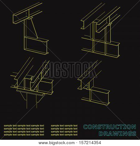 Construction drawings. 3D metal construction. The beams and columns. Cover background for inscriptions