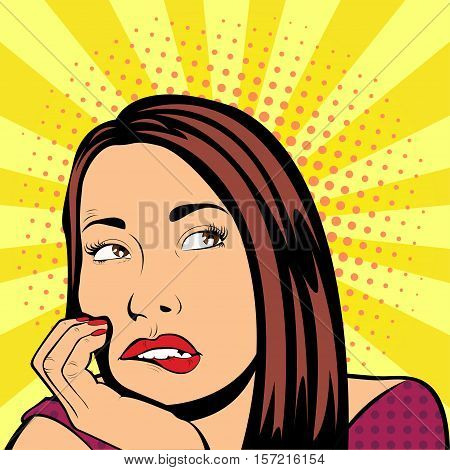 Pop art lady thinks retro vector. Beautiful woman portrait