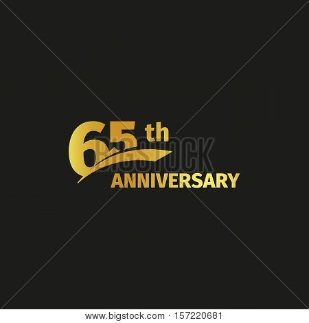 Isolated abstract golden 65th anniversary logo on black background. 65 number logotype. Sixty-five years jubilee celebration icon. Birthday emblem. Vector illustration