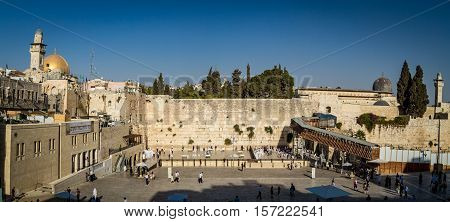 JERUSALEM, ISRAEL - OCTOBER 3: View of the Western Wall, the Dome of the Rock and the Mughrabi Gate on the Temple Mount in the Old City of Jerusalem, Israel on October 3, 2016