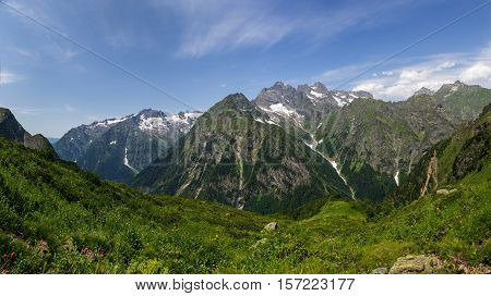 Panorama of alpine meadow  in Klych highland pass near border of Georgia - Abkhazia
