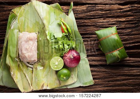 Nham Sour Pork In Banana Leaves Thai Food
