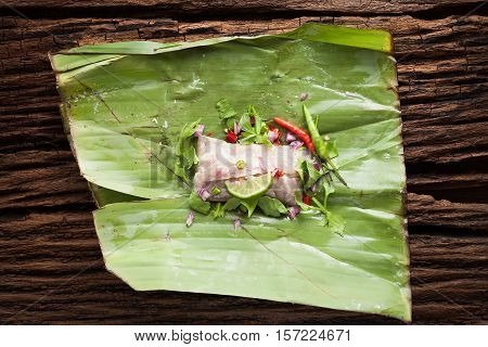 Nham Sour Pork In Banana Leaves Thai Food