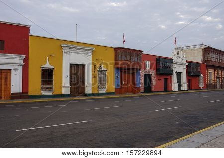 Trujillo, Peru - January 11, 2014: Colorful colonial houses in Trujillo downtown Peru