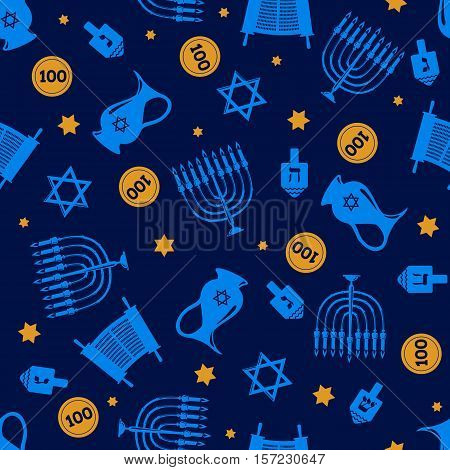 Seamless pattern background with Hanukkah traditional elements in flat style. Vector illustration.