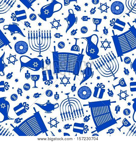 Seamless pattern background with Hanukkah traditional elements in flat style. Vector illustration.
