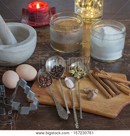 Ingredients for cooking Christmas baking on wooden desk