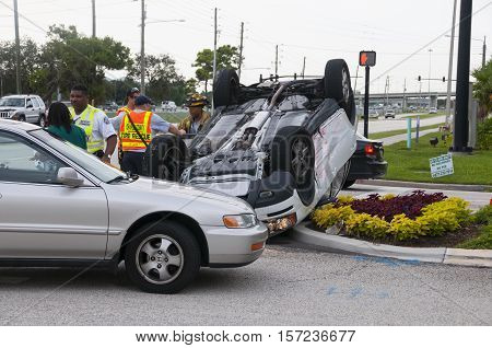 Orlando Florida - September 15th 2009: Vehicle rollover accident at major intersection in Orlando Florida September 15th 2009