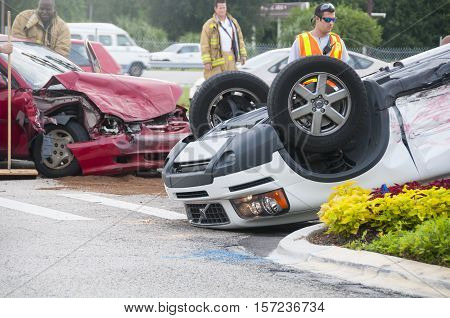 Orlando Florida - September 15th 2009: Vehicle rollover accident at major intersection in Orlando Florida September 15th 2009