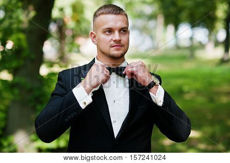 Trendy Beard Man Groom With Bow Tie Posed On Park.