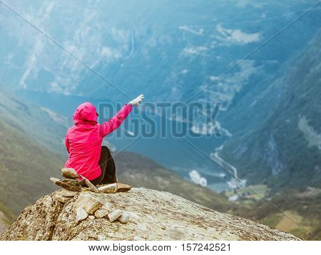 Tourist Woman On Dalsnibba Viewpoint Norway