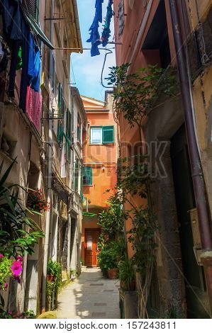 picturesque scene of old houses with shuttered windows in Vernazza, Cinqueterre, Italy