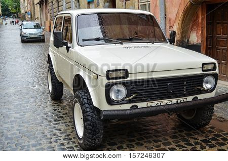 Lviv, Ukraine - June 1, 2013: Lada Niva soviet car manufactured by AvtoVAZ parked in downtown