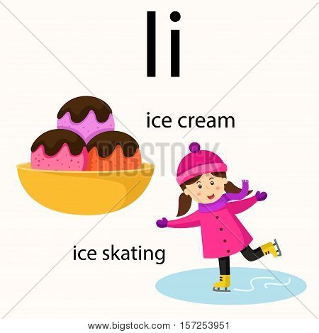 Illustrator of i vocabulary with ice cream and ice skating