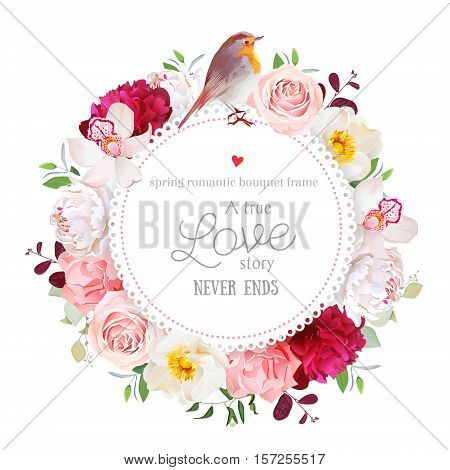 Elegant floral vector round card with white and burgundy red peony rose orchid carnation flowers mixed leaves and plants and cute small robin bird. All elements are isolated and editable.