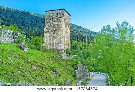 The old Svan tower on the hill located between rivers Mestiachala and Malkra in Mestia Upper Svaneti Georgia.