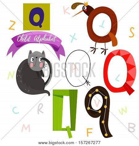 Bright Alphabet Set In Vector.q Letter-stylish 6 Hand Drawn Letters In Different Designs.cartoon Abs