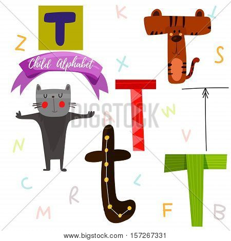 Bright Alphabet Set In Vector.t Letter-stylish 6 Hand Drawn Letters In Different Designs.cartoon Abs