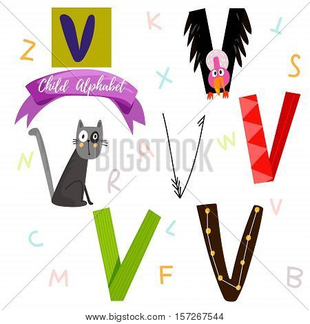 Bright Alphabet Set In Vector.v Letter-stylish 6 Hand Drawn Letters In Different Designs.cartoon Abs