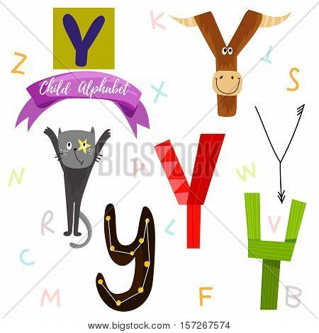 Bright Alphabet Set In Vector.y Letter-stylish 6 Hand Drawn Letters In Different Designs.cartoon Abs