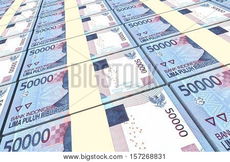 Indonesian rupiah bills stacks background. 3D illustration.
