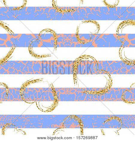 Gold grunge hearts craquelure stripes seamless pattern. Golden glitter confetti. White pink blue background. Love Valentine day wedding design card wallpaper wrapping. Vector Illustration