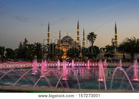 ISTANBUL TURKEY - JUNE 25 2015: Sultan Ahmet Mosque (Turkish: Sultan Ahmet Camii) is a historic mosque in Istanbul Turkey. The mosque is popularly known as the Blue Mosque for the blue tiles adorning the walls of its interior