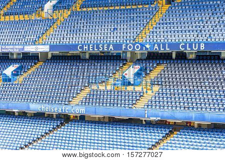 London, the UK - May 2016: at the tribunes of Stamford Bridge
 stadium - the official playground  of FC Chelsea