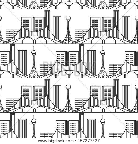 Urban city seamless pattern. Vector sky tower apartments bridge background