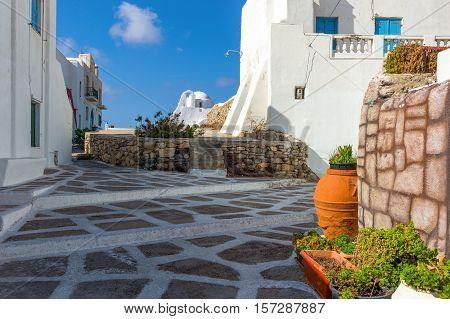 Greece Mykonos Chora view of the Panagia Paraportiani orthodox church in the Kastro area