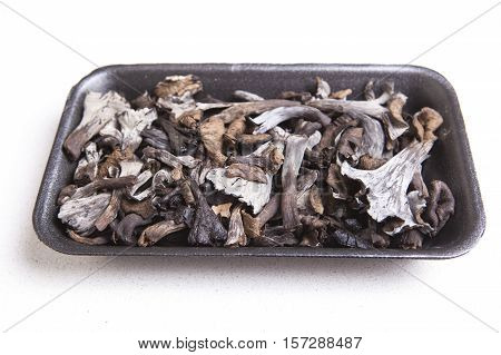 Black polythene tray full of Horn of Plenty mushrooms. Isolated