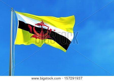 Flag of brunei (Brunei Darussalam) on the blue sky background. 3D illustration