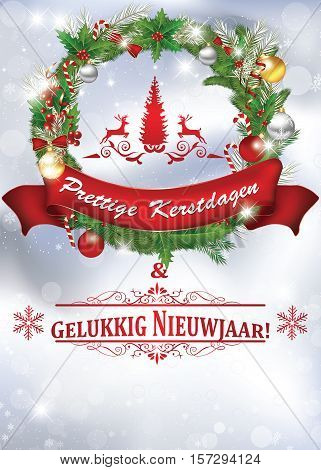 Merry Christmas and Happy New Year - Dutch language: Fijne Kerstdagen an Gelukkig Nieuwjaar! - elegant  greeting card for winter holiday. Print colors used. Custom size of a print postcard