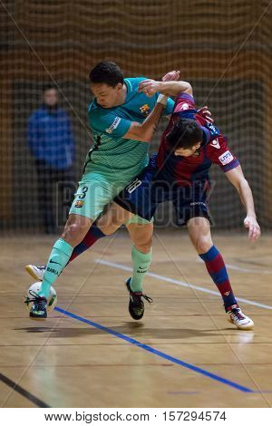 VALENCIA, SPAIN - NOVEMBER 8th: 3 Romulo, 18 Tripodi during Spanish King Cup match between Levante UD FS and FC Barcelona at Cabanyal Stadium on November 8, 2016 in Valencia, Spain