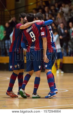 VALENCIA, SPAIN - NOVEMBER 8th: Levante players celebrate a goal during Spanish King Cup match between Levante UD FS and FC Barcelona at Cabanyal Stadium on November 8, 2016 in Valencia, Spain