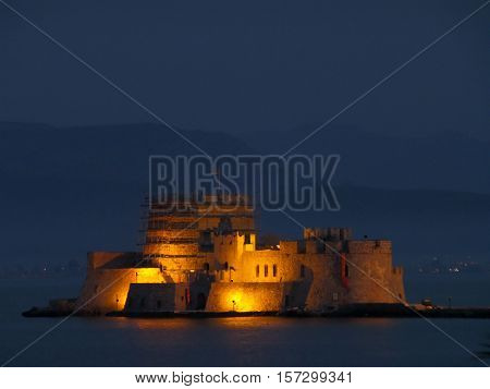 Light-up Medieval Fortress on the Aegean Sea, Nafplion of Greece