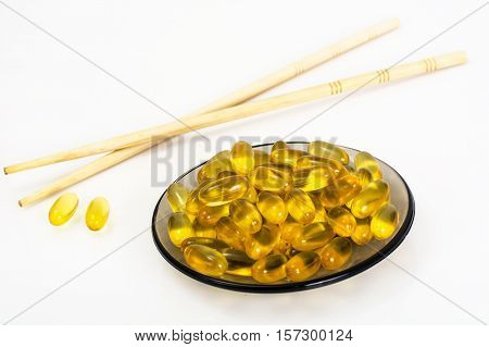 Omega3 Extra capsules from Fish Oil on white background. Studio Photo