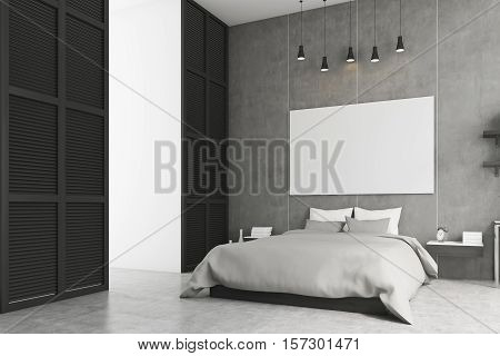 Side view of a bedroom interior with king size bed bedside table and a large window in a black wall. Horizontal poster is hanging above the bed. 3d rendering. Mock up.