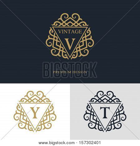 Monogram design elements graceful template. Calligraphic elegant line art logo design. Letter emblem sign V Y T for Royalty business card Boutique Hotel Heraldic Jewelry. Vector illustration