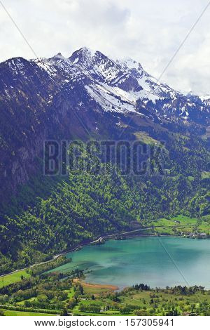 View from Harder Kulm Interlaken Switzerland. Mountains and a lake.