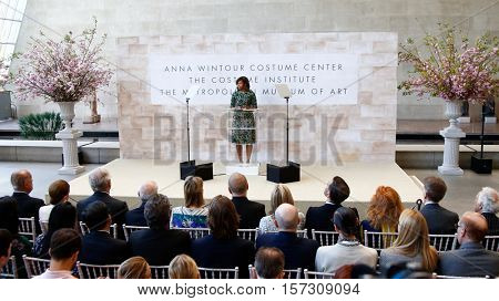 NEW YORK-MAY 5: First Lady of the United States Michelle Obama speaks at the Anna Wintour Costume Center Grand Opening at the Metropolitan Museum of Art on May 5, 2014 in New York City.